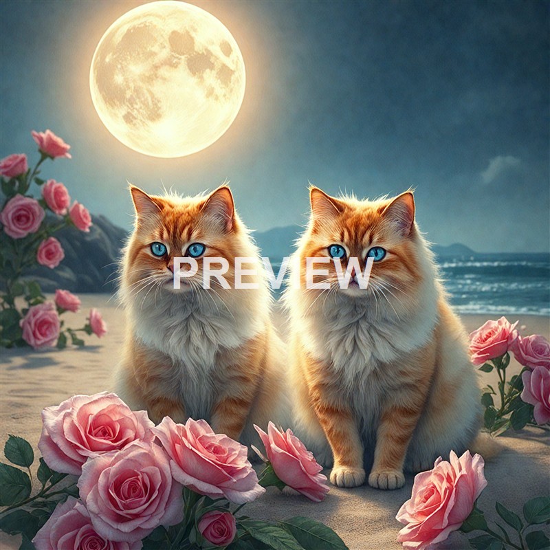 Two orange cats with blue eyes sitting on a sandy beach under a large, glowing full moon, surrounded by pink roses with a mountainous coastline in the background.